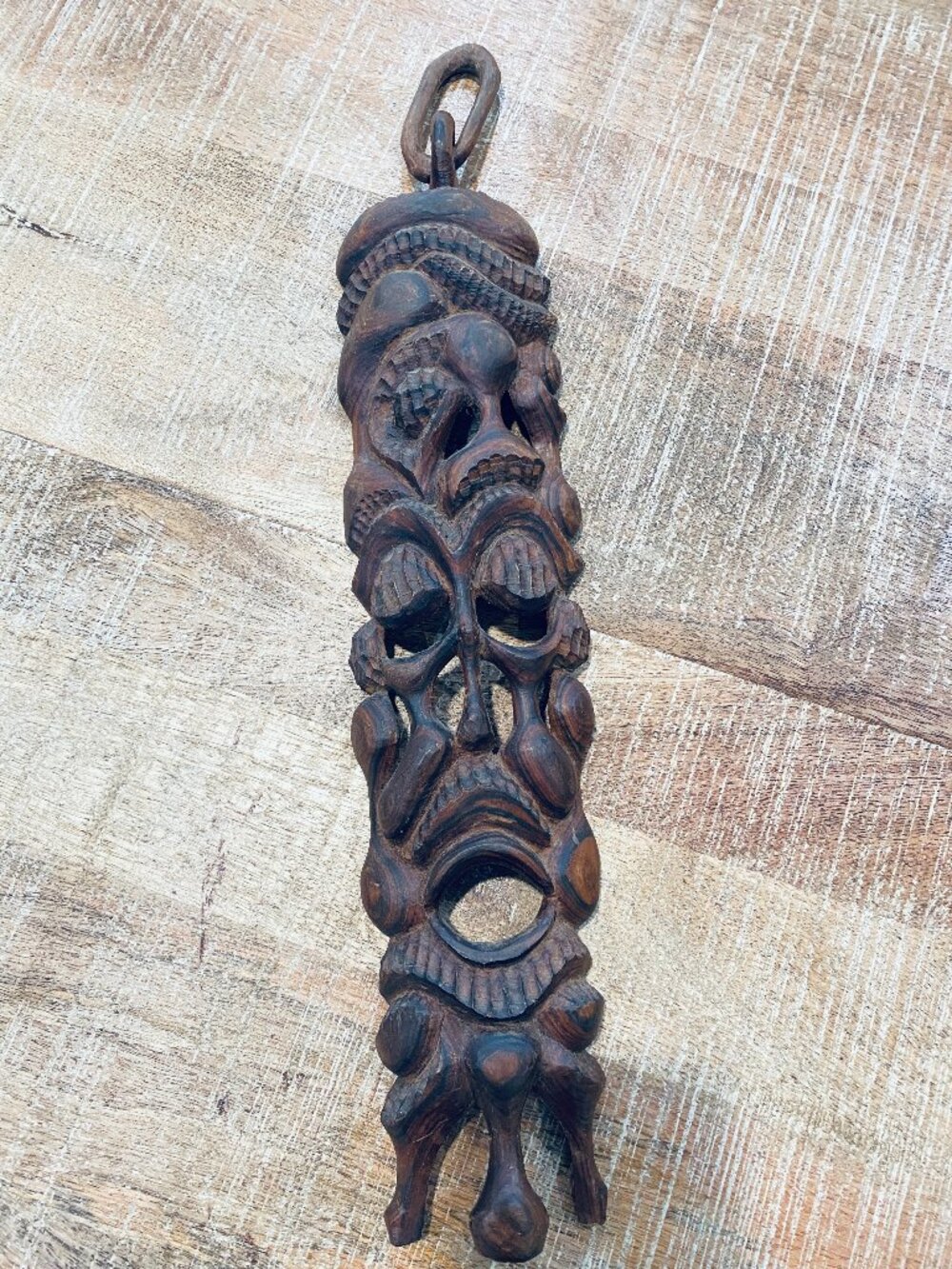 Hand Carved Wood Tribal Totem Mask Snake Openwork Carved Chain Hanger 18"